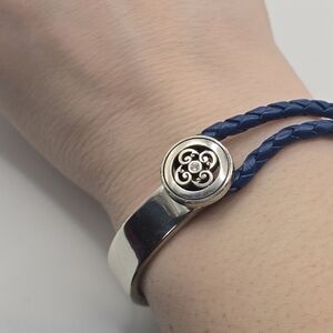 ​Brighton Silver Tone & Navy Blue Braided Leather Medallion Bracelet - Signed